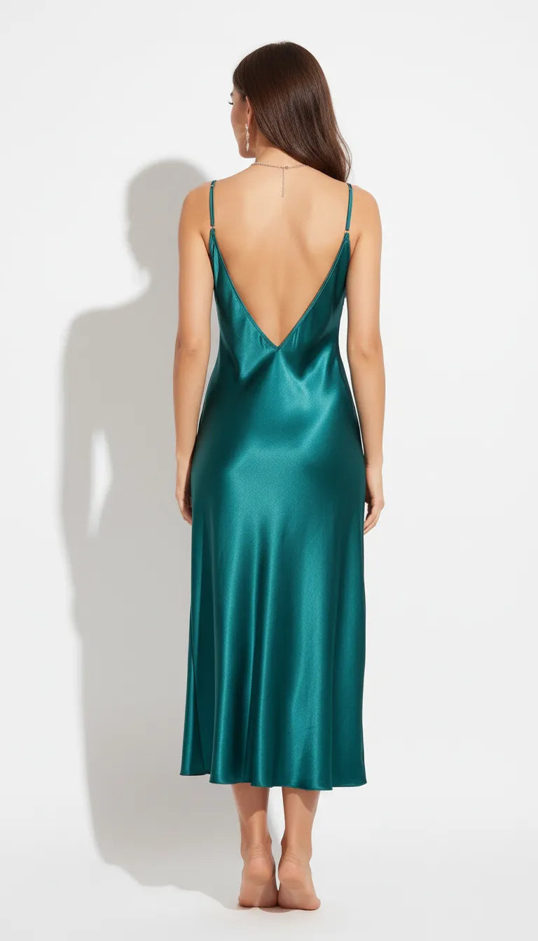 Pyjama Satin Vert Émeraude pour Femme | Nuisette Longue avec Fente et Bretelles Fines | 1 Pièce - Vue de dos