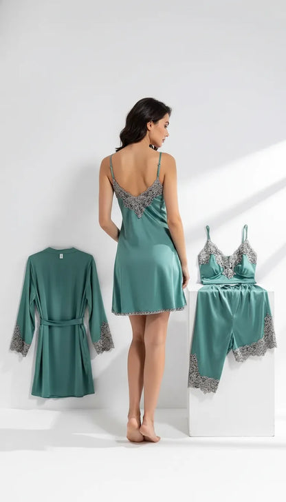 Pyjama Satin Vert Émeraude pour Femme | Nuisette et Kimono en Satin à Dentelle | Short et Manches Longues | 5 Pièces - Vue de dos