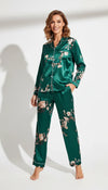 Pyjama Satin Vert Émeraude pour Femme | Ensemble Floral | Chemise Manches Longues et Pantalon | 2 Pièces - Vue de face