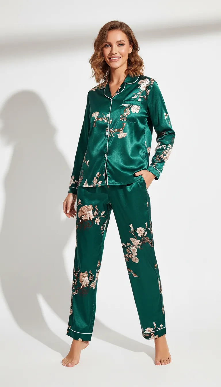 Pyjama Satin Vert Émeraude pour Femme | Ensemble Floral | Chemise Manches Longues et Pantalon | 2 Pièces - Vue de face
