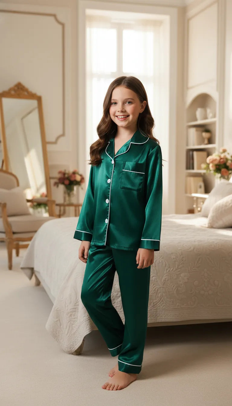 Pyjama Satin Vert Émeraude pour Enfants | Classique Boutonné | Ensemble 2 Pièces | Manches Longues - Mise en situation portée