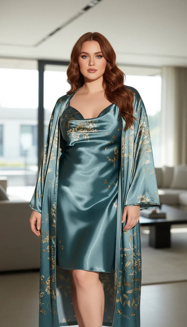 Pyjama Satin Vert Émeraude pour Femme | Nuisette Décolletée & Kimono Long Fleuri | Ensemble 2 Pièces - Mise en situation portée