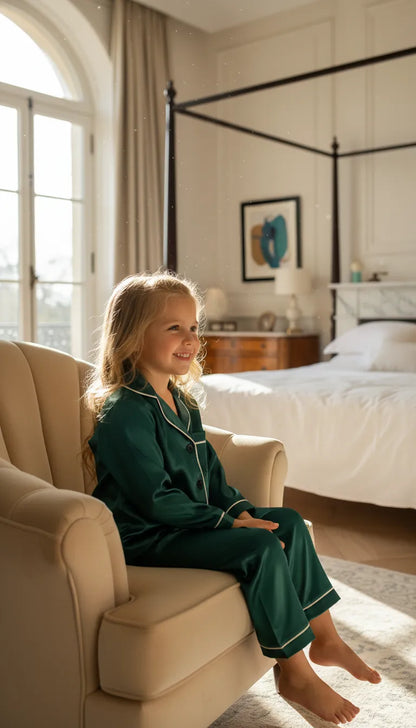Pyjama Satin Vert Émeraude pour Enfant | Moderne & Chic | Chemise Manches Longues & Pantalon | Ensemble 2 Pièces - Mise en situation portée