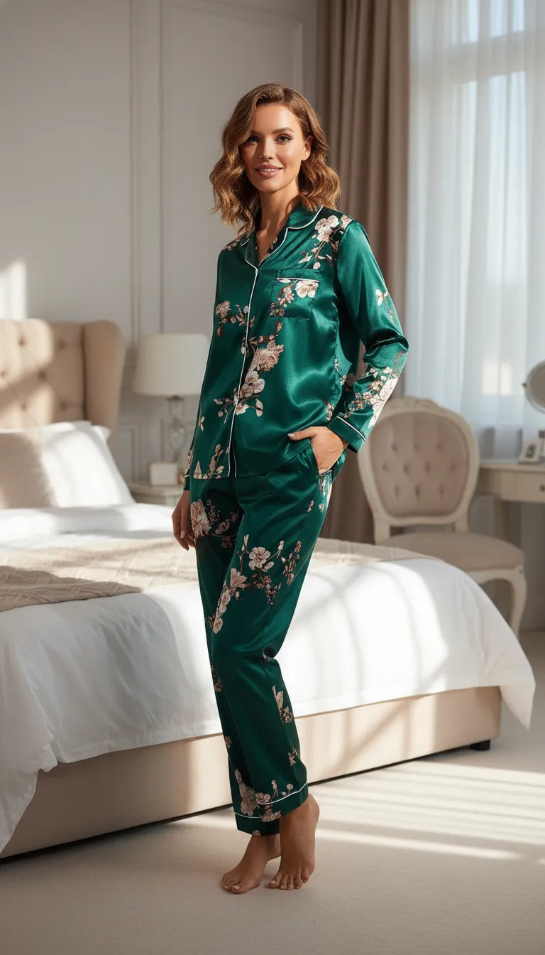 Pyjama Satin Vert Émeraude pour Femme | Ensemble Floral | Chemise Manches Longues et Pantalon | 2 Pièces - Mise en situation portée