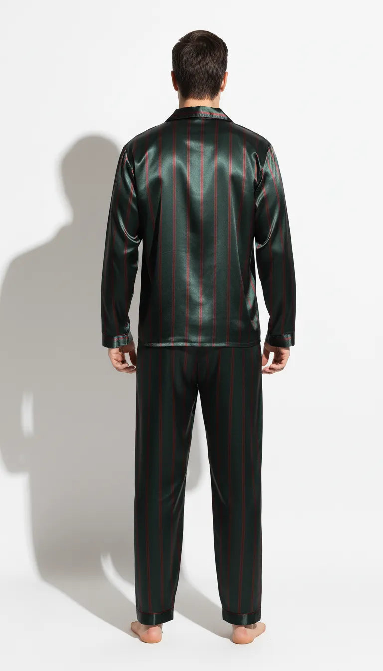 Pyjama Satin Vert Foncé à Rayures Rouges pour Homme | Chemise Manches Longues et Pantalon | Ensemble 2 Pièces - Vue de dos