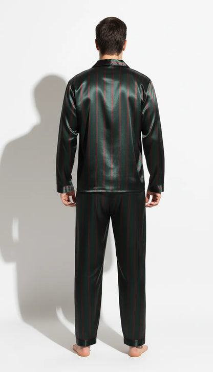 Pyjama Satin Vert Foncé à Rayures Rouges pour Homme | Chemise Manches Longues et Pantalon | Ensemble 2 Pièces - Vue de dos
