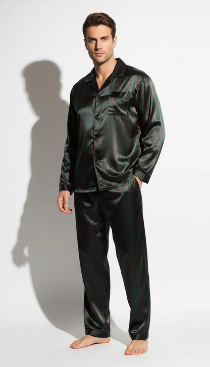 Pyjama Satin Vert Foncé à Rayures Rouges pour Homme | Chemise Manches Longues et Pantalon | Ensemble 2 Pièces - Vue de face