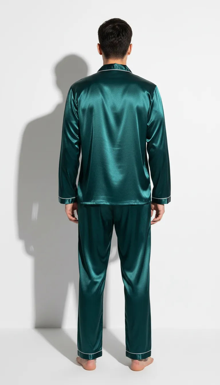 Pyjama Satin Vert Homme | Classique & Élégant | Chemise Manches Longues & Pantalon | Ensemble 2 Pièces - Vue de dos