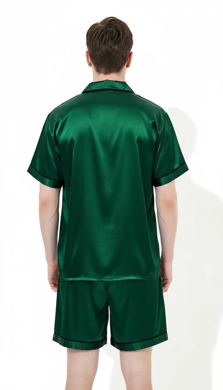 Pyjama Satin Vert Homme | Moderne et Chic | Chemise Manches Courtes & Short | 2 Pièces - Vue de dos