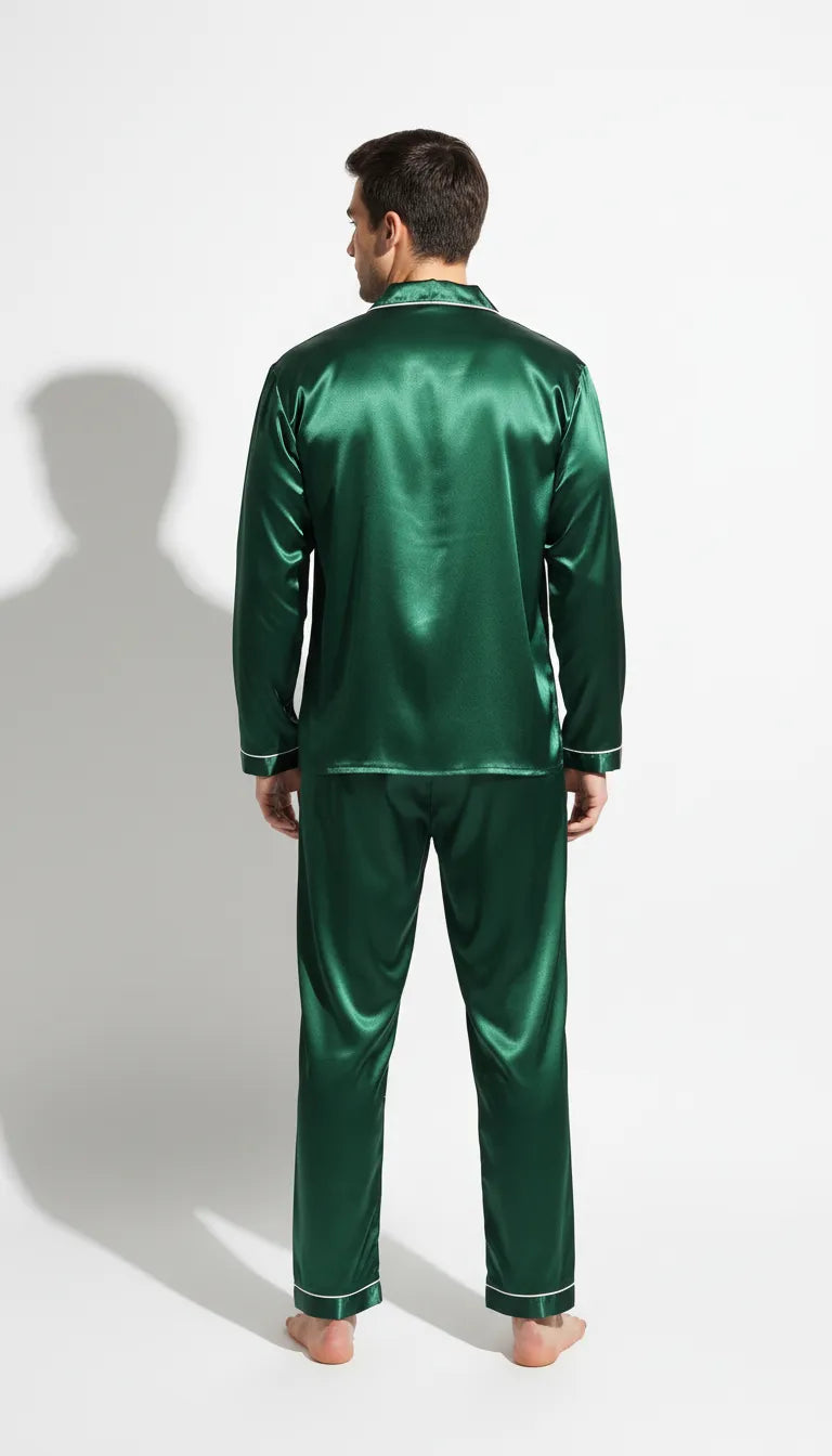 Pyjama Satin Vert Homme | Classique Élégant | Pantalon | Manches Longues | 2 Pièces - Vue de dos