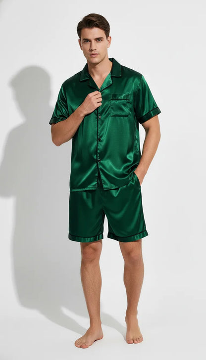 Pyjama Satin Vert Homme | Moderne et Chic | Chemise Manches Courtes & Short | 2 Pièces - Vue de face