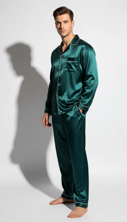 Pyjama Satin Vert Homme | Classique & Élégant | Chemise Manches Longues & Pantalon | Ensemble 2 Pièces - Vue de face