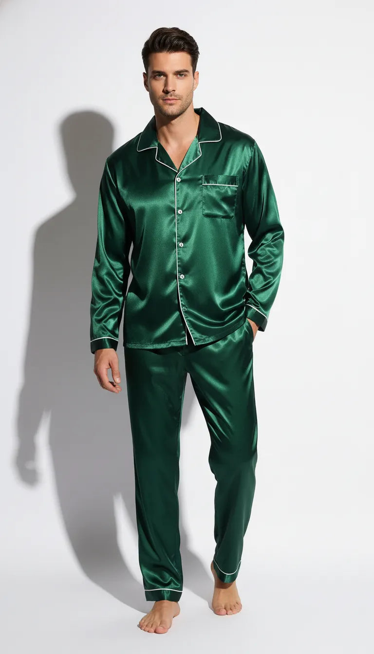 Pyjama Satin Vert Homme | Classique Élégant | Pantalon | Manches Longues | 2 Pièces - Vue de face