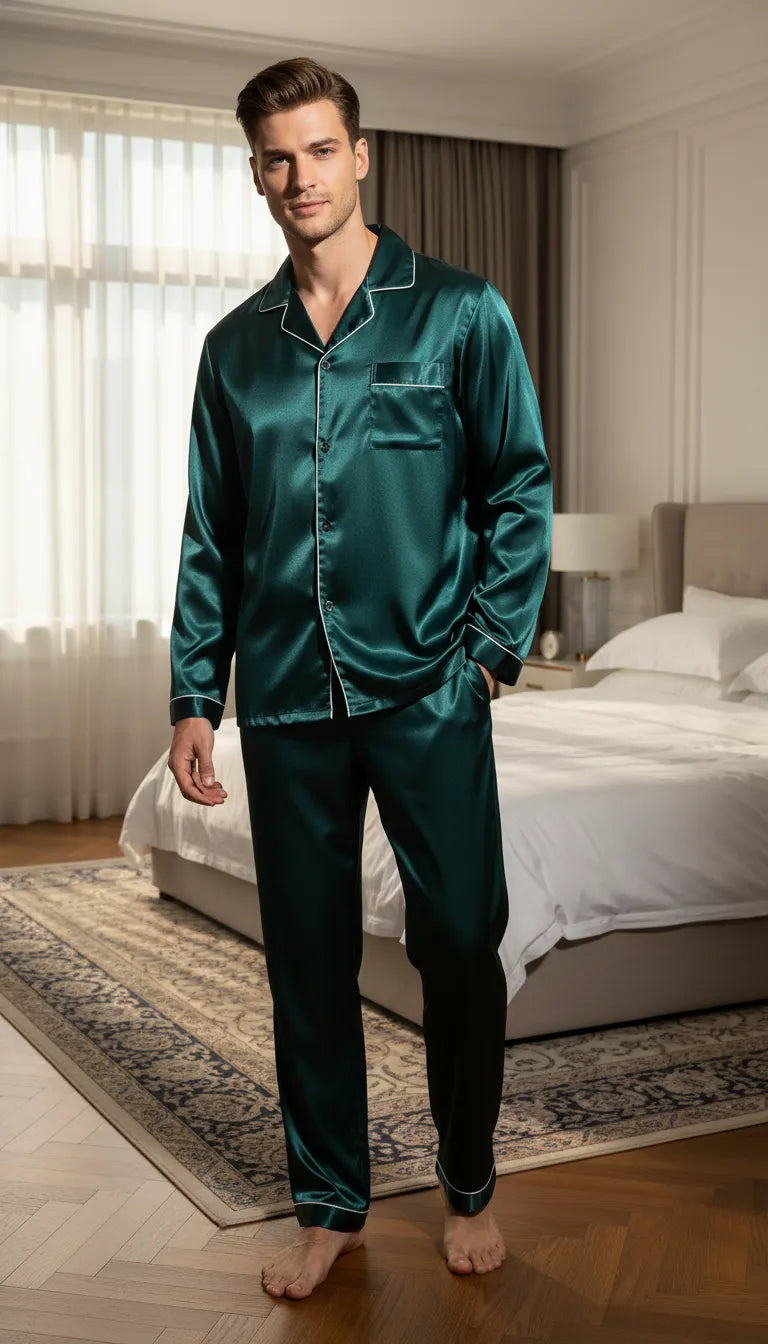 Pyjama Satin Vert Homme | Classique & Élégant | Chemise Manches Longues & Pantalon | Ensemble 2 Pièces - Mise en situation portée
