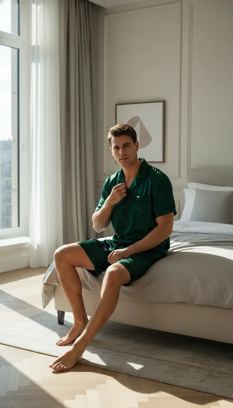 Pyjama Satin Vert Homme | Moderne et Chic | Chemise Manches Courtes & Short | 2 Pièces - Mise en situation portée