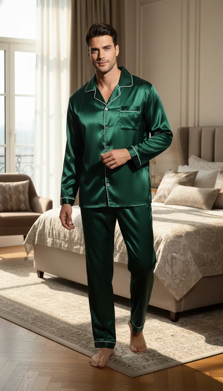 Pyjama Satin Vert Homme | Classique Élégant | Pantalon | Manches Longues | 2 Pièces - Mise en situation portée