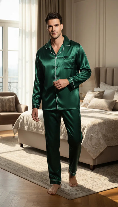 Pyjama Satin Vert Homme | Classique Élégant | Pantalon | Manches Longues | 2 Pièces - Mise en situation portée