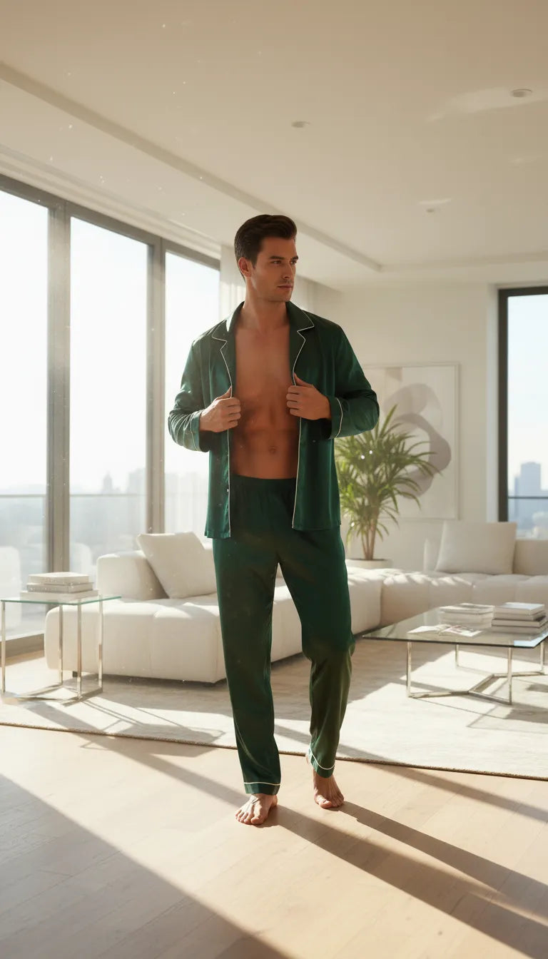 Pyjama Satin Vert Homme | Classique et Élégant | Pantalon et Chemise Manches Longues | 2 Pièces - Mise en situation portée