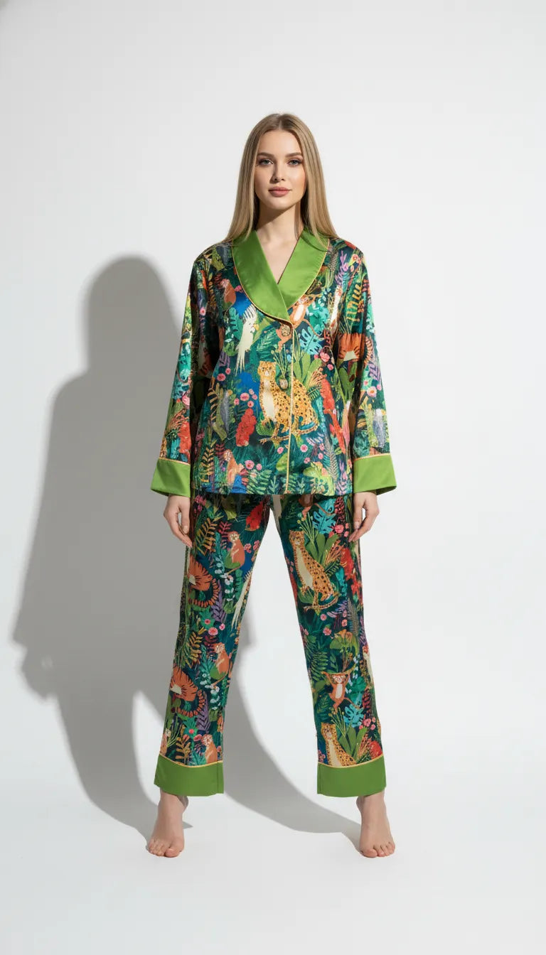 Pyjama Satin Vert Jungle pour Femme | Chemise Manches Longues et Pantalon | Ensemble 2 Pièces - Vue de face