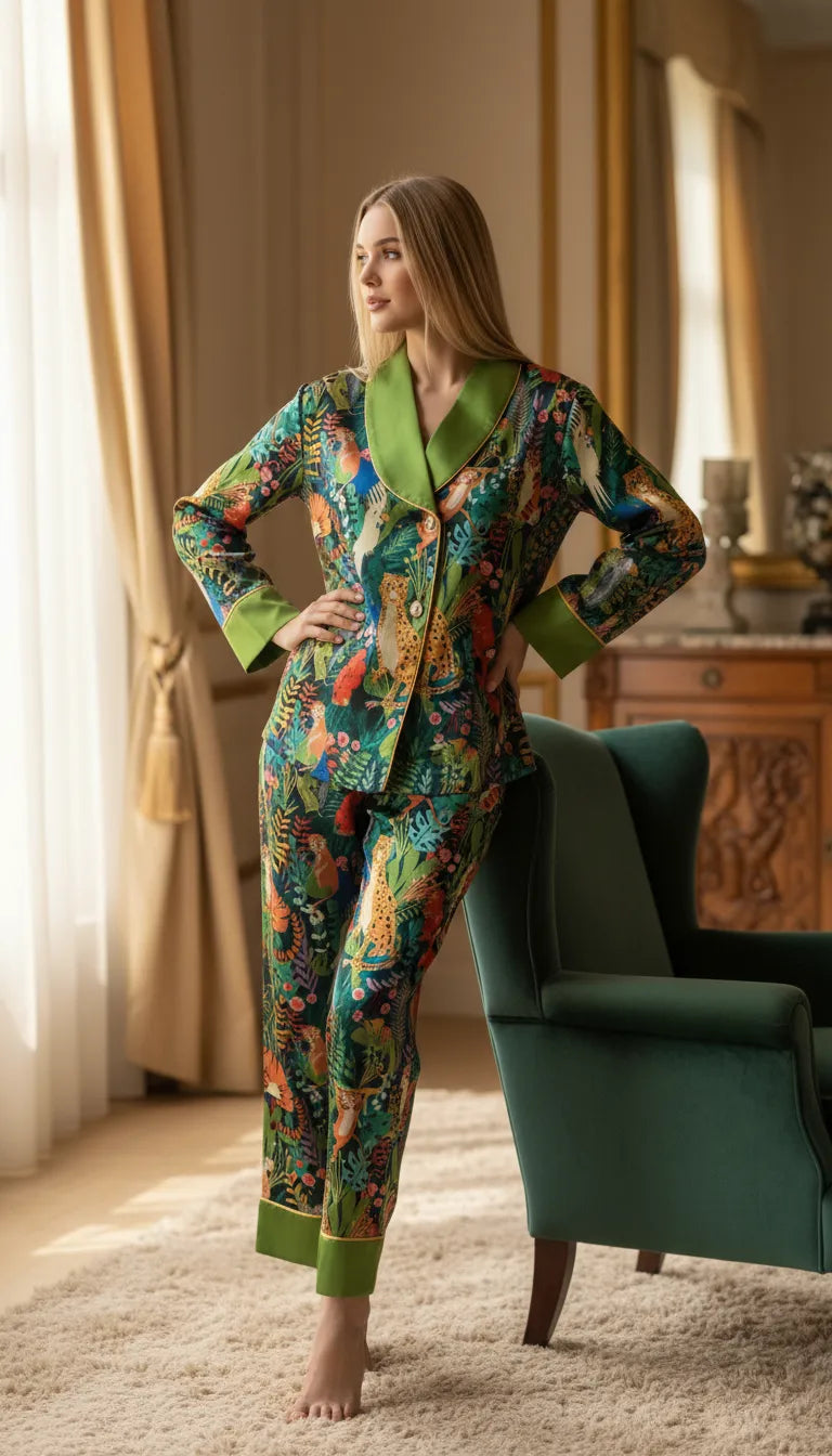 Pyjama Satin Vert Jungle pour Femme | Chemise Manches Longues et Pantalon | Ensemble 2 Pièces - Mise en situation portée