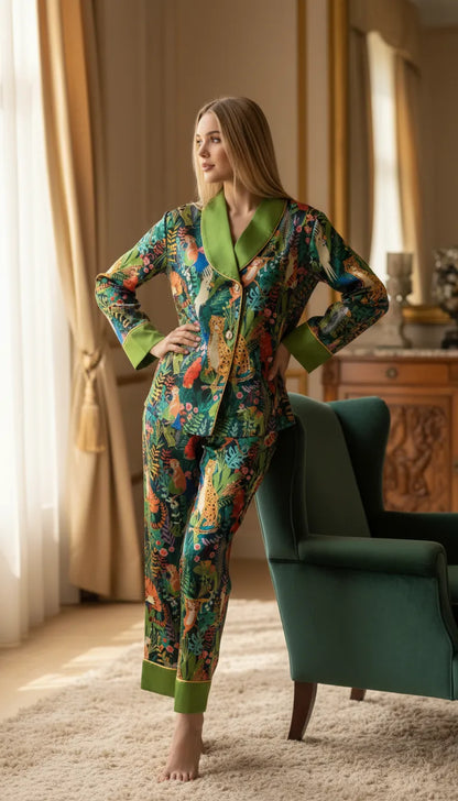 Pyjama Satin Vert Jungle pour Femme | Chemise Manches Longues et Pantalon | Ensemble 2 Pièces - Mise en situation portée