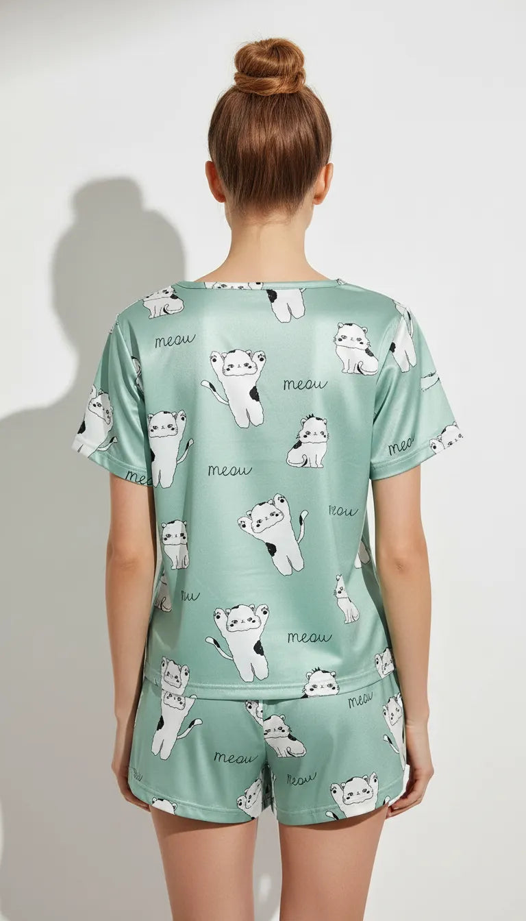 Pyjama Satin Vert Menthe Femme | Ensemble Short & Chemise Manches Courtes Chatons | 2 Pièces - Vue de dos