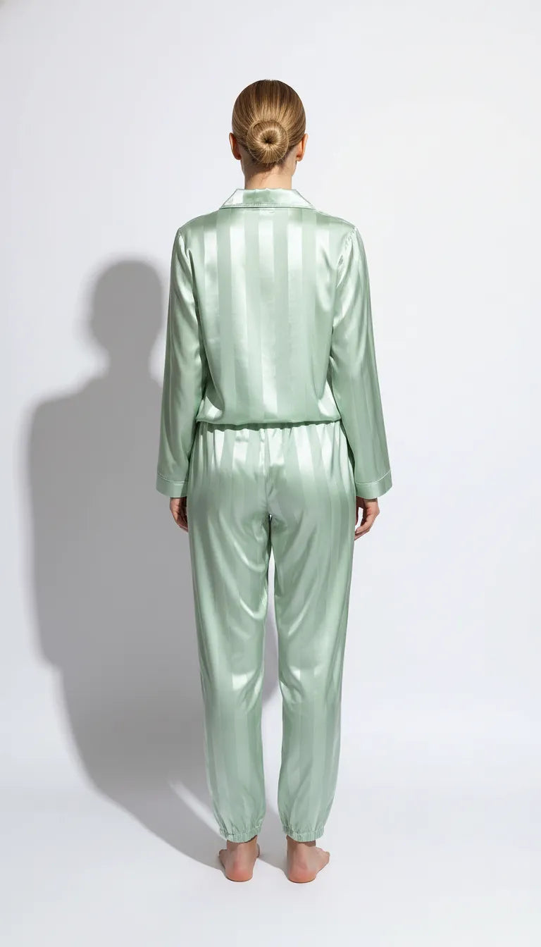 Pyjama Satin Vert Menthe pour Femme | Rayures Classiques | Chemise Manches Longues & Pantalon | Ensemble 2 Pièces - Vue de dos