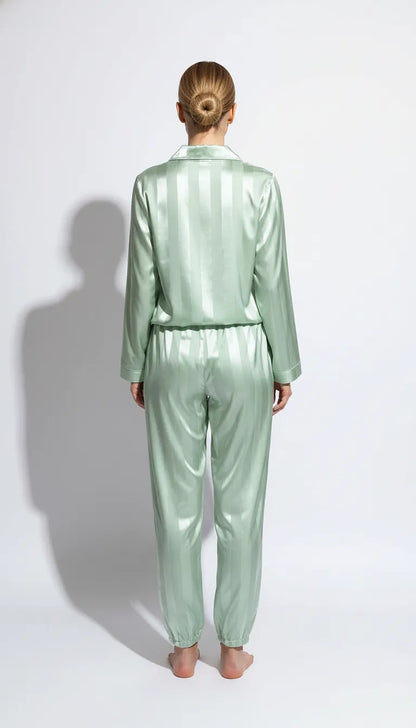 Pyjama Satin Vert Menthe pour Femme | Rayures Classiques | Chemise Manches Longues & Pantalon | Ensemble 2 Pièces - Vue de dos