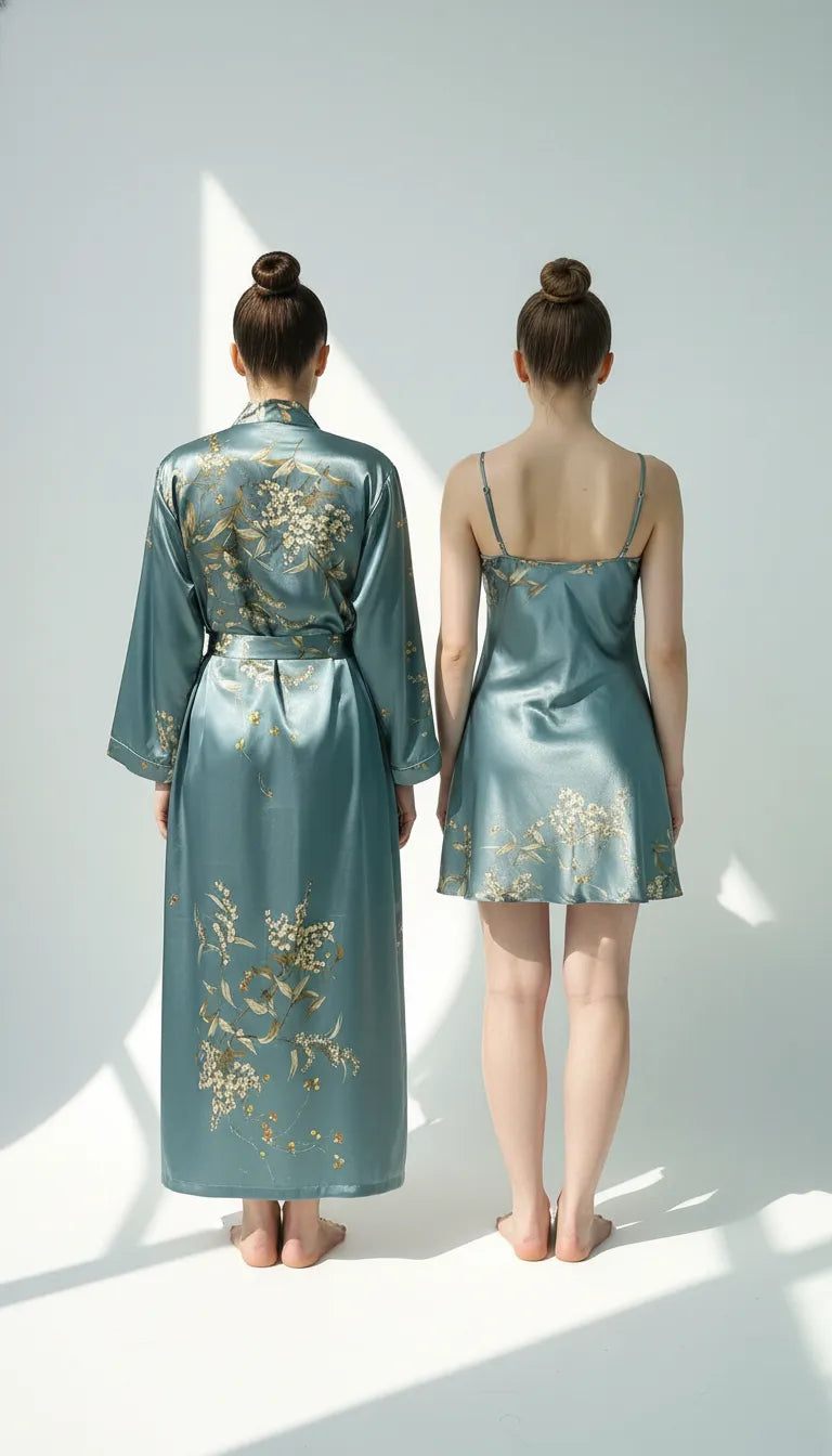 Pyjama Satin Vert Ornemental Femme | Nuisette, Kimono Long, Débardeur & Short | Ensemble 5 Pièces - Vue de dos