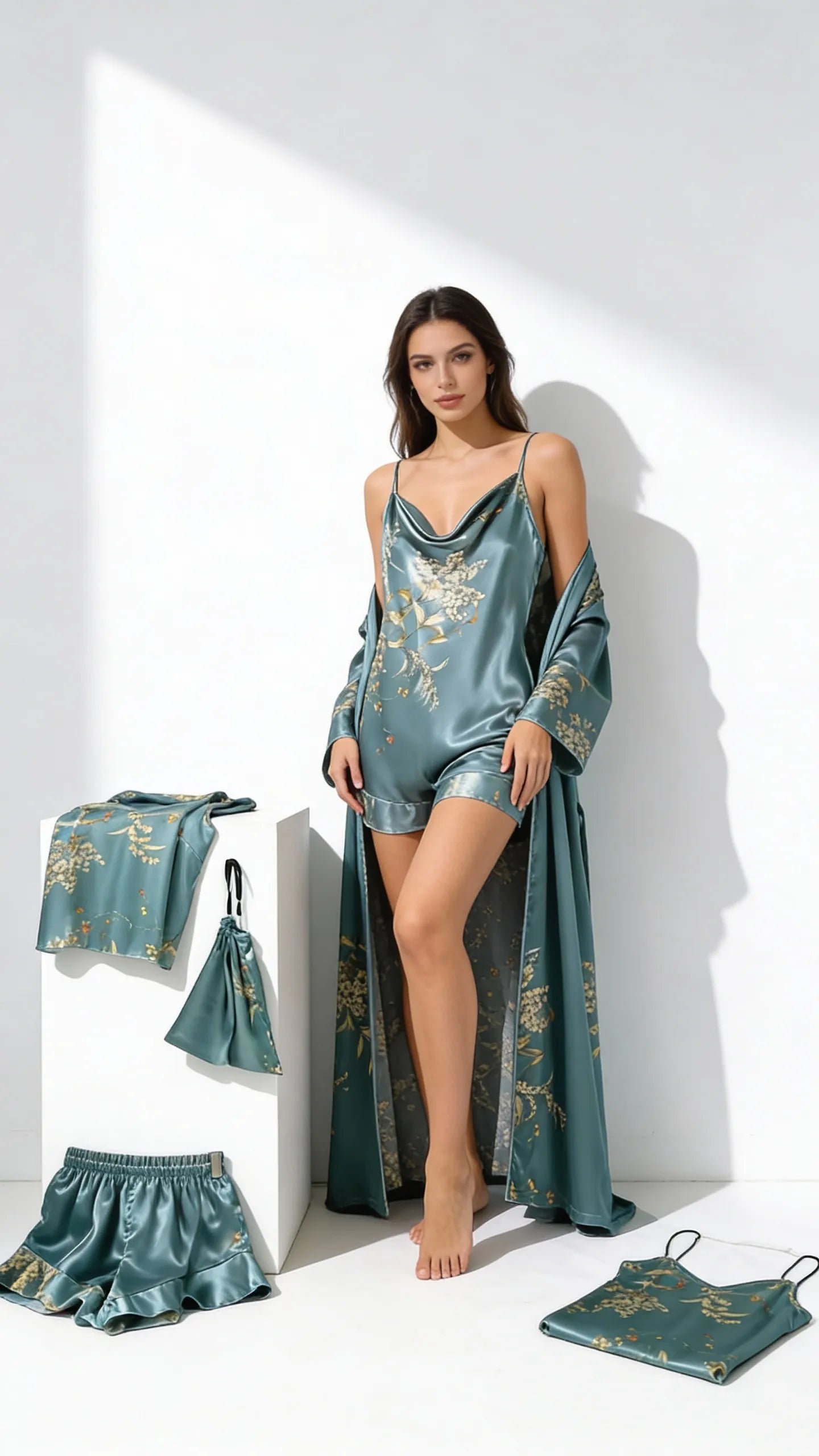 Pyjama Satin Vert Ornemental Femme | Nuisette, Kimono Long, Débardeur & Short | Ensemble 5 Pièces - Vue de face