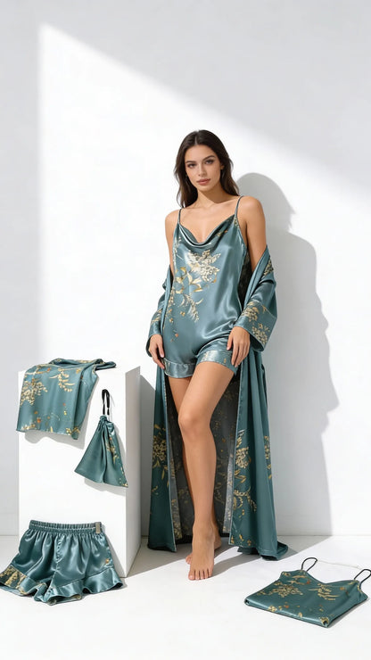 Pyjama Satin Vert Ornemental Femme | Nuisette, Kimono Long, Débardeur & Short | Ensemble 5 Pièces - Vue de face