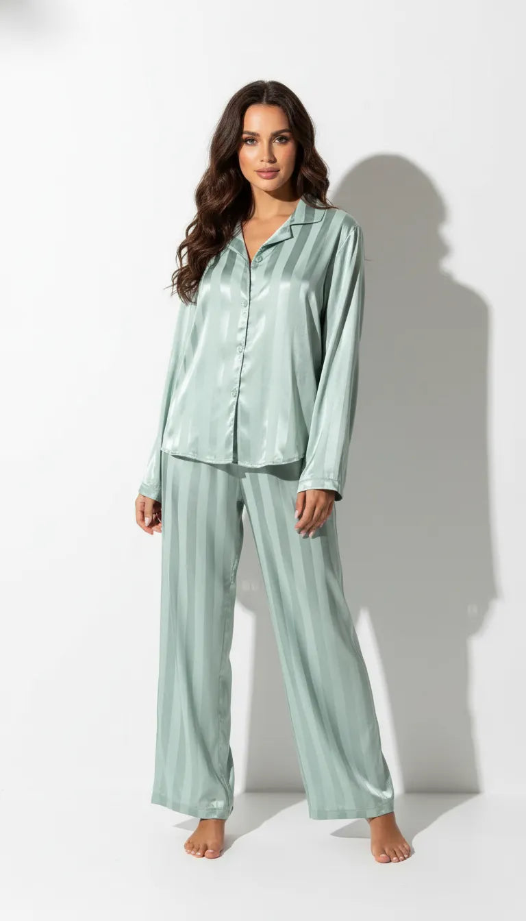 Pyjama Satin Vert Pâle pour Femme | Ensemble Chic et Fluide | Chemise Manches Longues & Pantalon | 2 Pièces - Vue de face