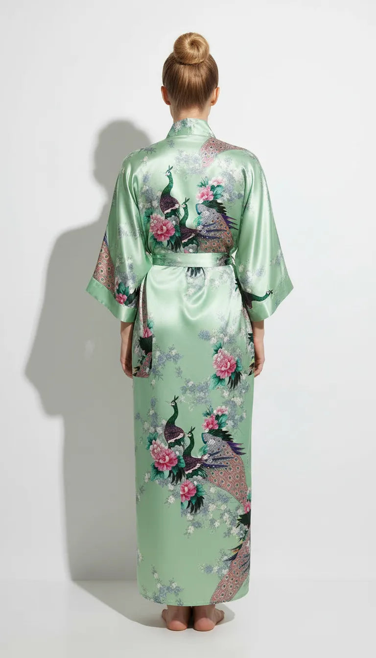Pyjama Satin Vert Pastel Femme | Kimono Long à Imprimé Paon et Ceinture | 1 Pièce - Vue de dos