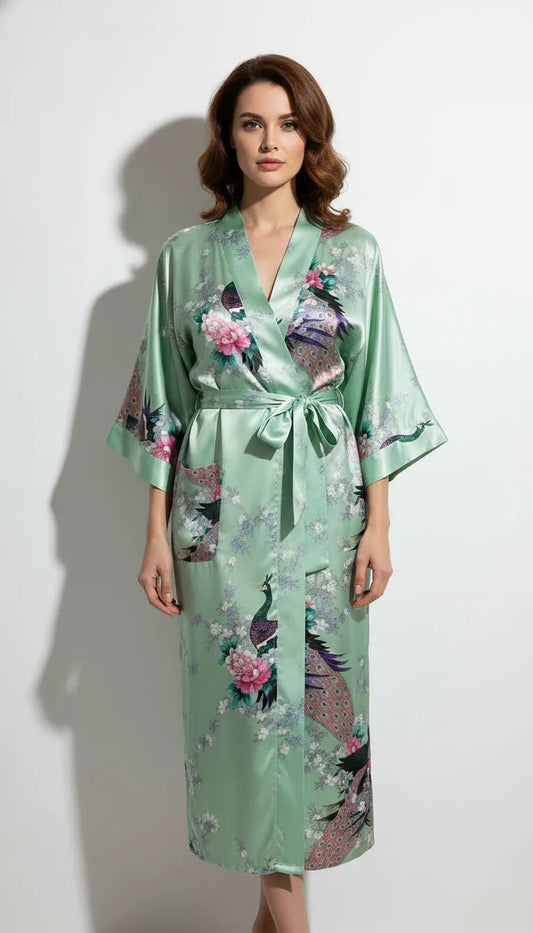 Pyjama Satin Vert Pastel Femme | Kimono Long à Imprimé Paon et Ceinture | 1 Pièce - Vue de face