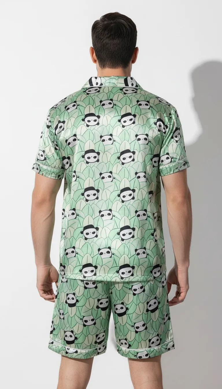 Pyjama Satin Vert Pastel Homme | Motif Pandas Fun | Chemise Manches Courtes & Short | Ensemble 2 Pièces - Vue de dos