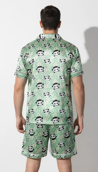Pyjama Satin Vert Pastel Homme | Motif Pandas Fun | Chemise Manches Courtes & Short | Ensemble 2 Pièces - Vue de dos