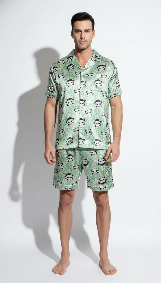 Pyjama Satin Vert Pastel Homme | Motif Pandas Fun | Chemise Manches Courtes & Short | Ensemble 2 Pièces - Vue de face