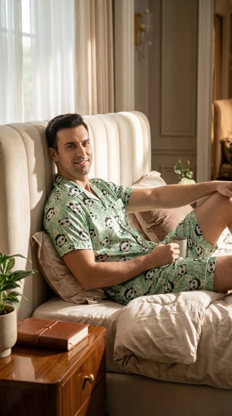 Pyjama Satin Vert Pastel Homme | Motif Pandas Fun | Chemise Manches Courtes & Short | Ensemble 2 Pièces - Mise en situation portée