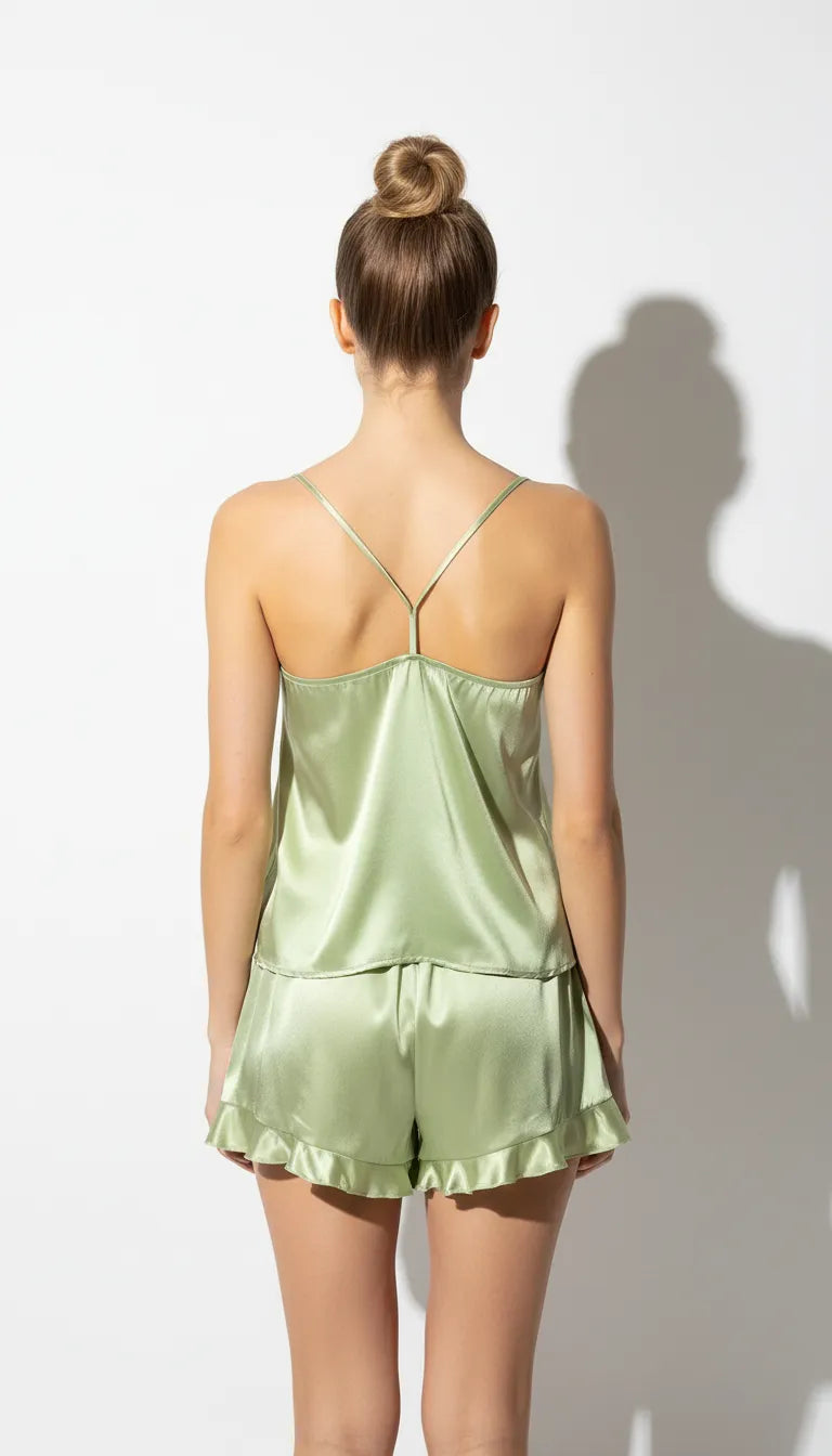 Pyjama Satin Vert Pastel pour Femme | Ensemble Short et Débardeur Fluide | 2 Pièces - Vue de dos