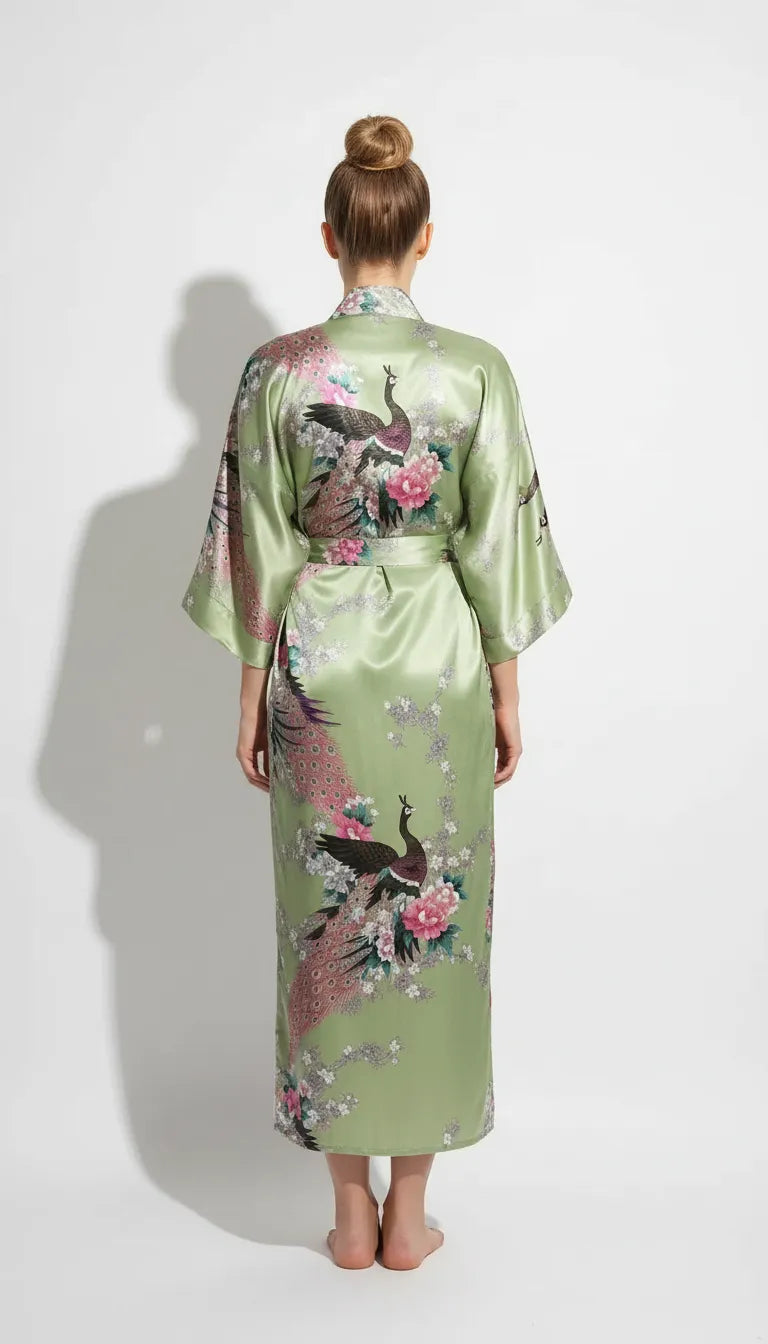 Pyjama Satin Vert Pomme Femme | Kimono Long Romantique | Motifs Paons & Fleurs | 1 Pièce - Vue de dos