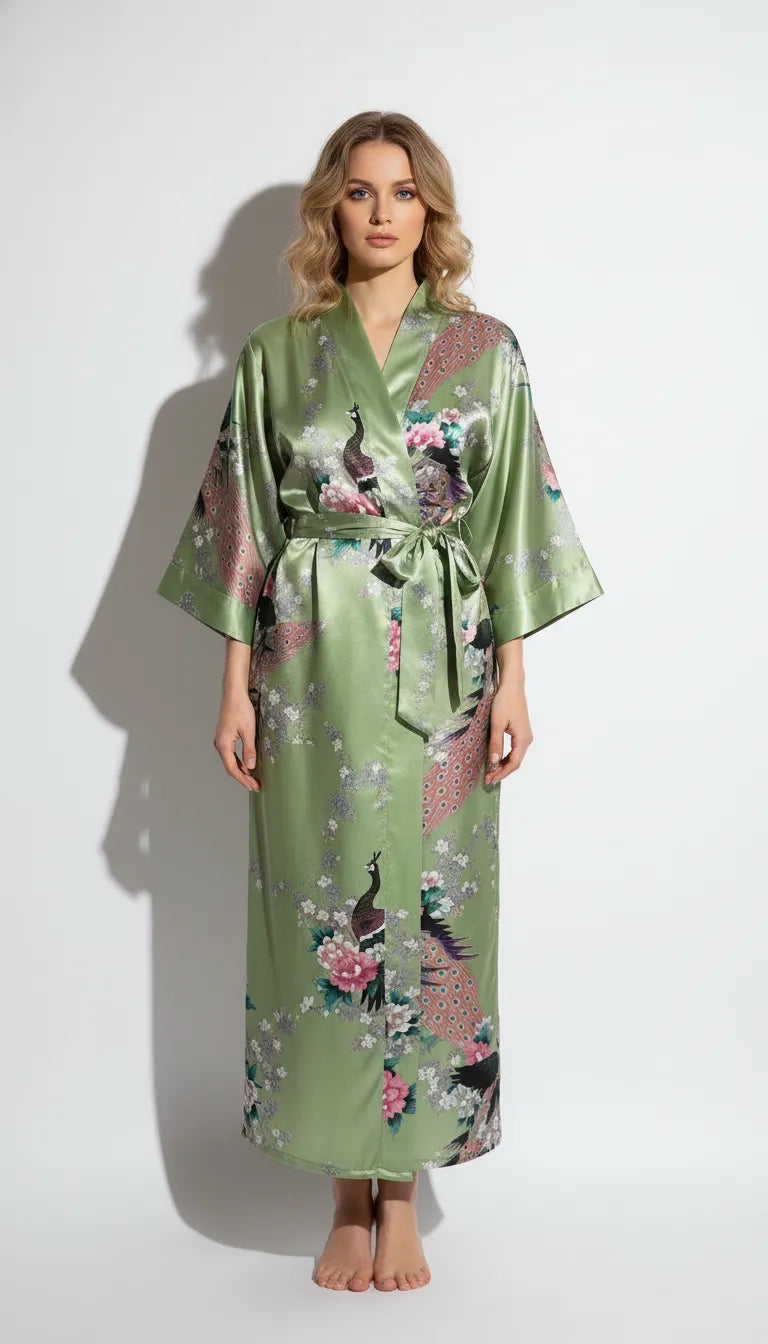 Pyjama Satin Vert Pomme Femme | Kimono Long Romantique | Motifs Paons & Fleurs | 1 Pièce - Vue de face