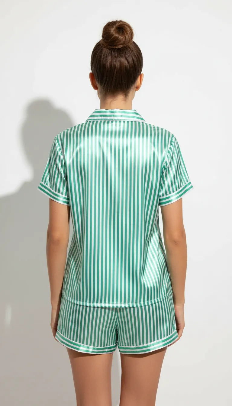 Pyjama Satin Vert & Blanc Femme | Moderne & Chic Rayé | Chemise Manches Courtes & Short | Ensemble 2 Pièces - Vue de dos