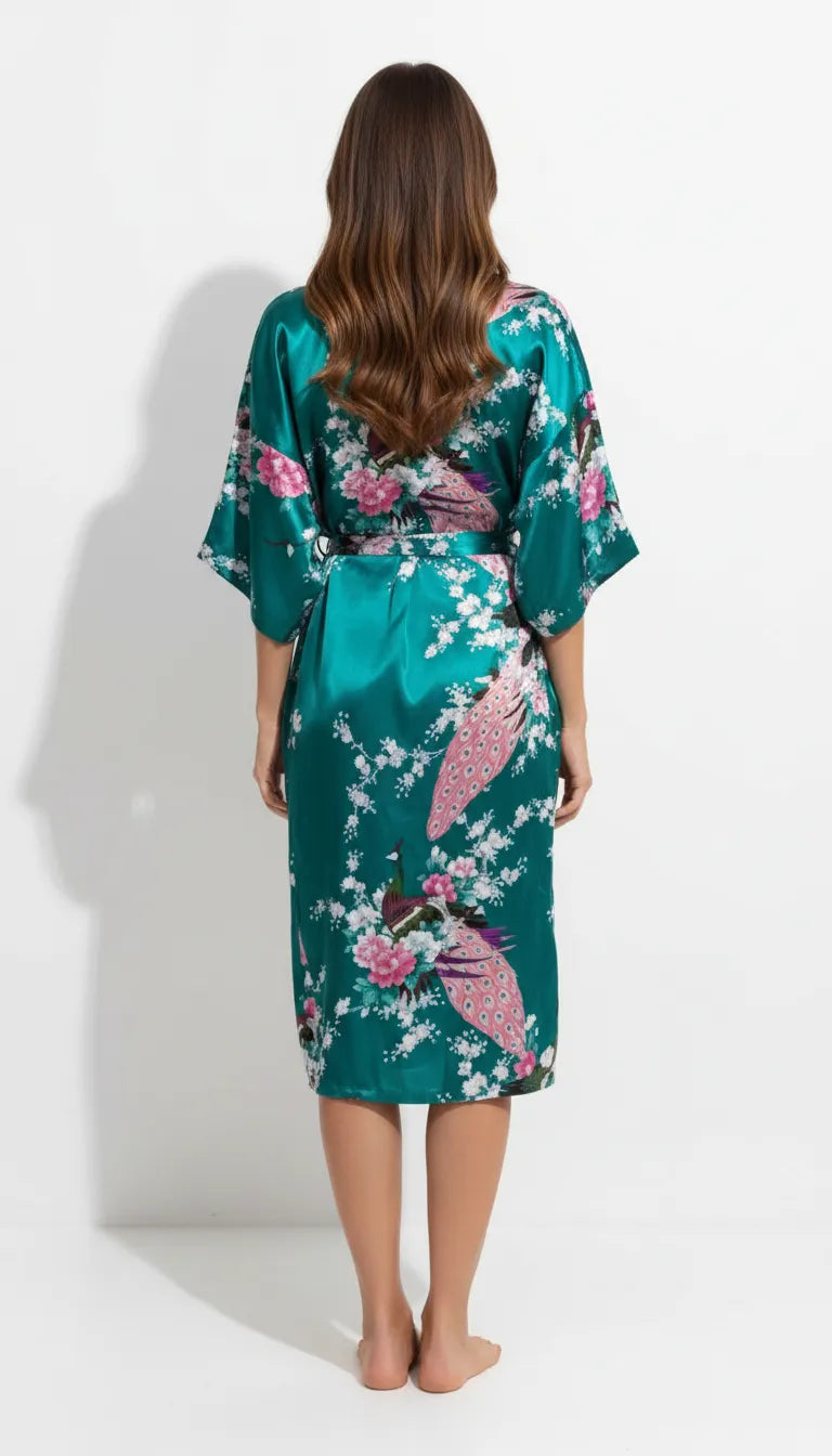 Pyjama Satin Vert pour Femme | Kimono Long à Motifs Floraux | 1 Pièce - Vue de dos