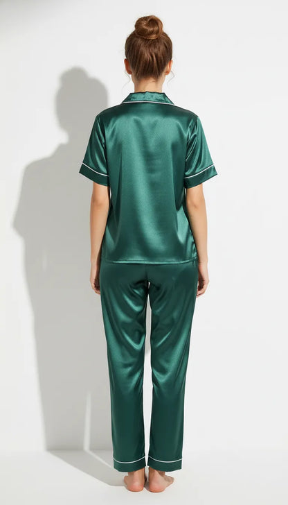 Pyjama Satin Vert pour Femme | Ensemble Classique Short Manches Courtes | 2 Pièces - Vue de dos