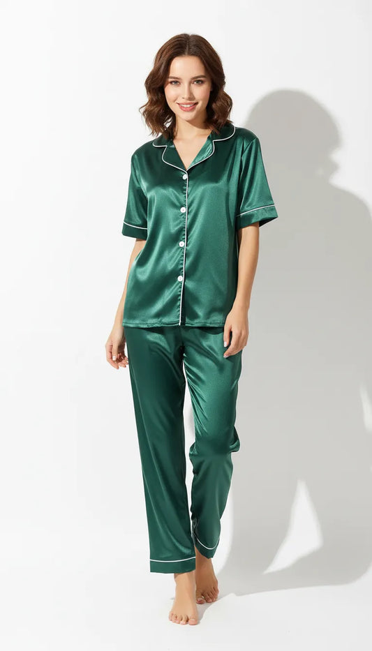 Pyjama Satin Vert pour Femme | Ensemble Classique Short Manches Courtes | 2 Pièces - Vue de face