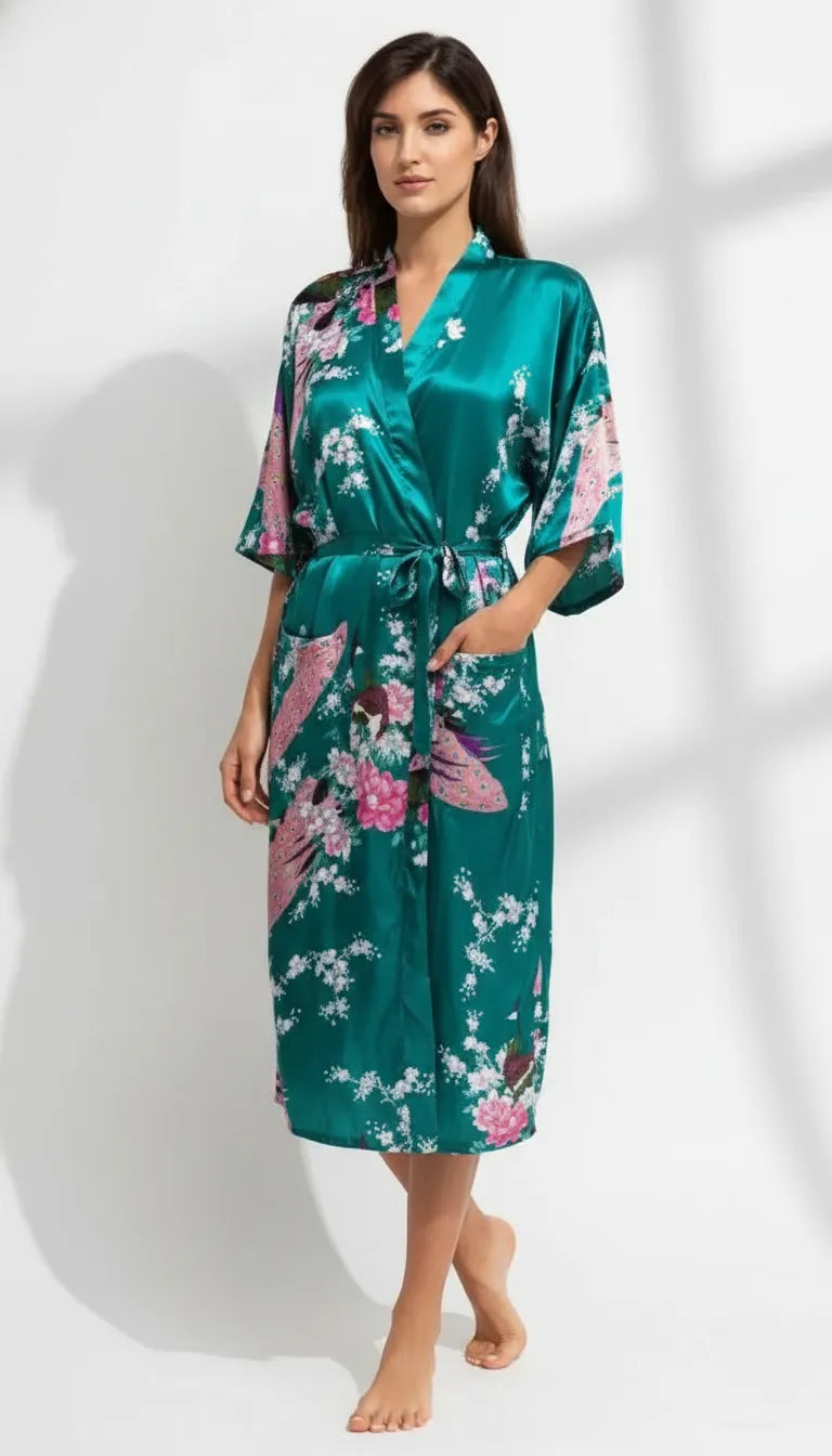 Pyjama Satin Vert pour Femme | Kimono Long à Motifs Floraux | 1 Pièce - Vue de face