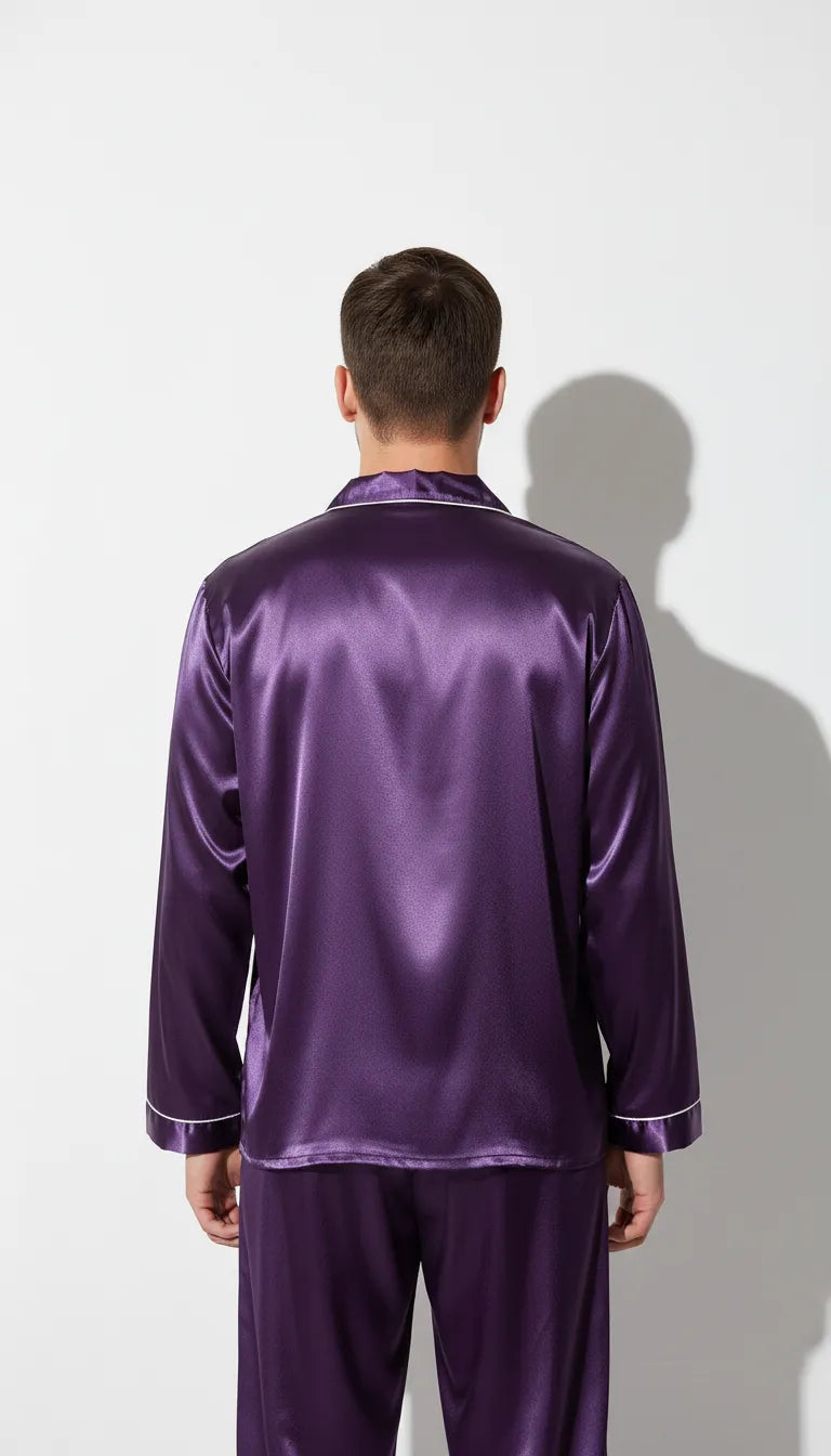 Pyjama Satin Violet Homme | Ensemble Classique 2 Pièces | Pantalon Long | Manches Longues - Vue de dos