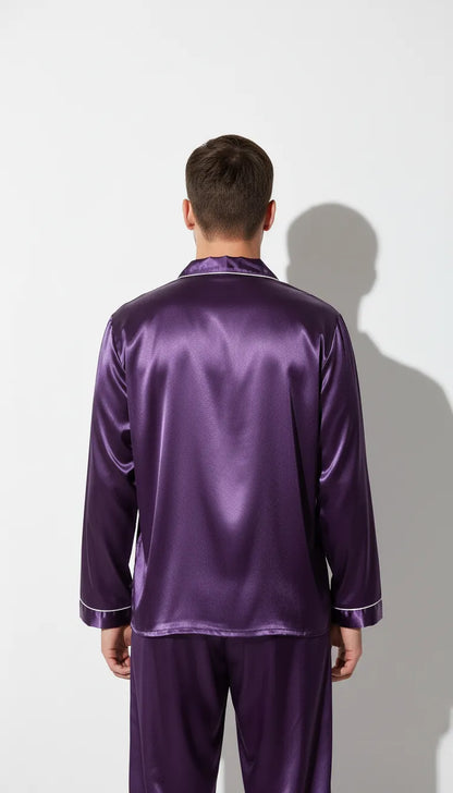 Pyjama Satin Violet Homme | Ensemble Classique 2 Pièces | Pantalon Long | Manches Longues - Vue de dos