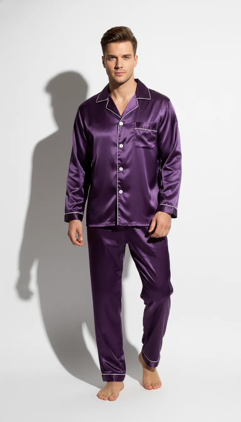 Pyjama Satin Violet Homme | Ensemble Classique 2 Pièces | Pantalon Long | Manches Longues - Vue de face