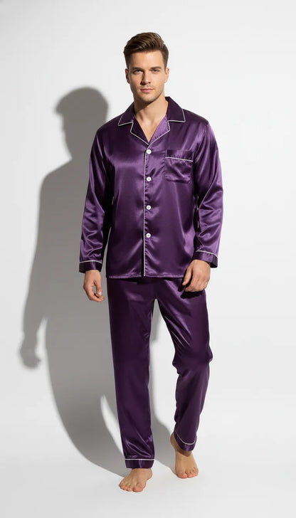 Pyjama Satin Violet Homme | Ensemble Classique 2 Pièces | Pantalon Long | Manches Longues - Vue de face
